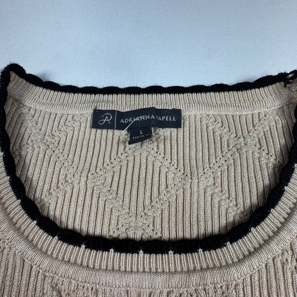 Adrianna Papell Womens Beige Diamond Knit Short Sleeve Sweater Top Black Trim L - Picture 2 of 7